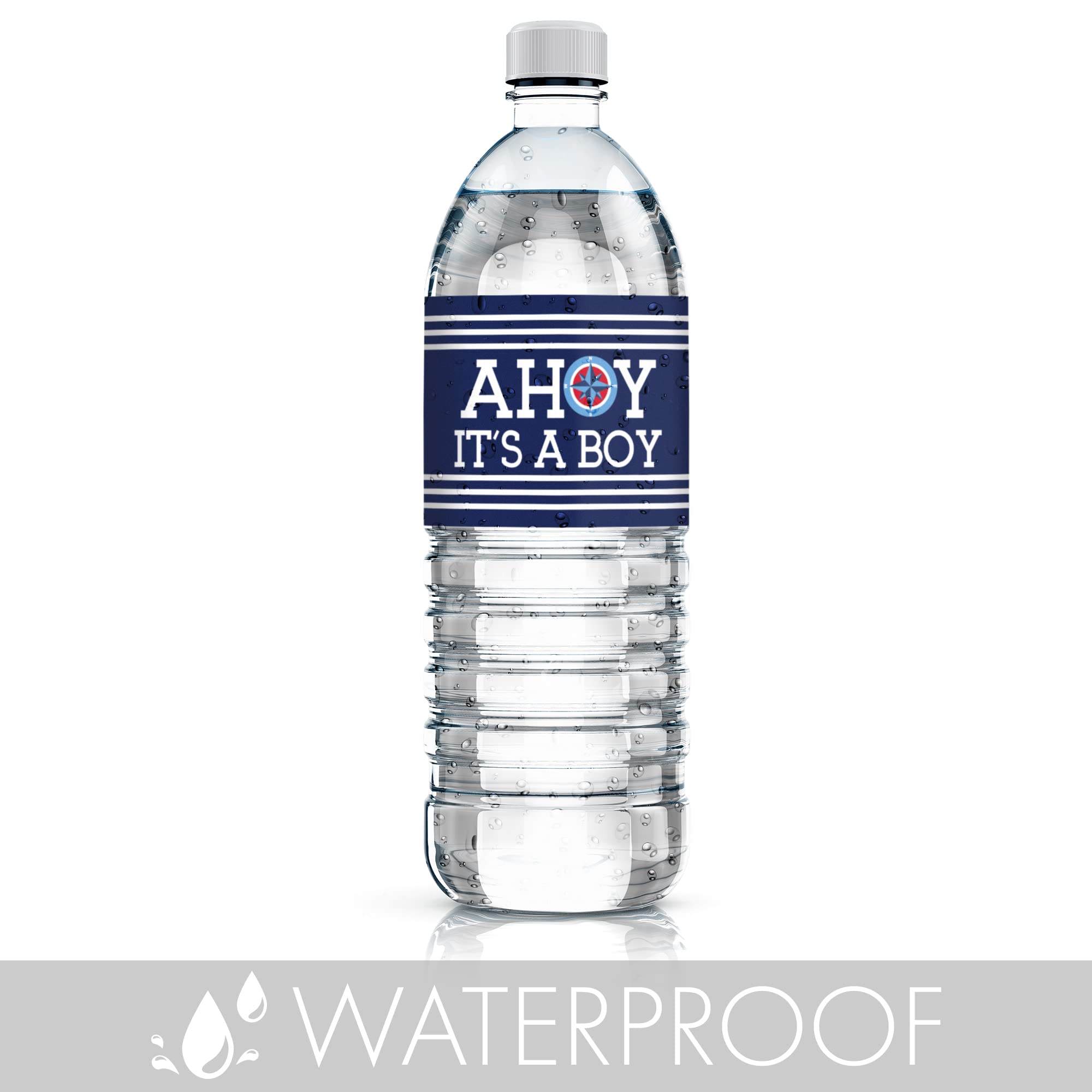 Ahoy It'S A Boy Baby Shower Water Bottle Labels, Nautical Waterproof Stickers For Water Bottles - 24 Count